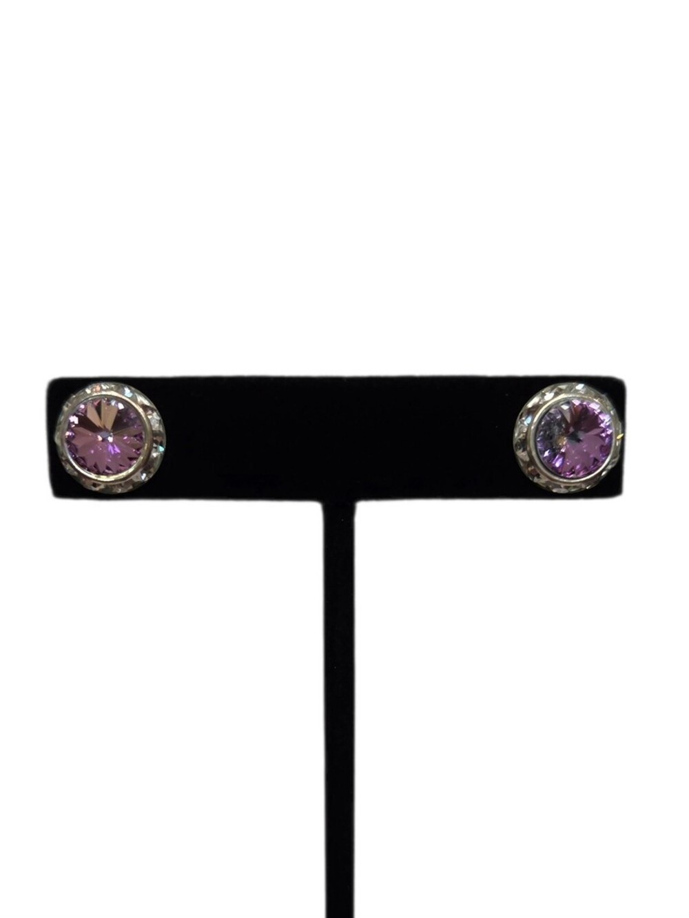 Estate Unsigned Silver-Tone Pink Rivoli Rhinestone Halo Post Back Stud Earrings